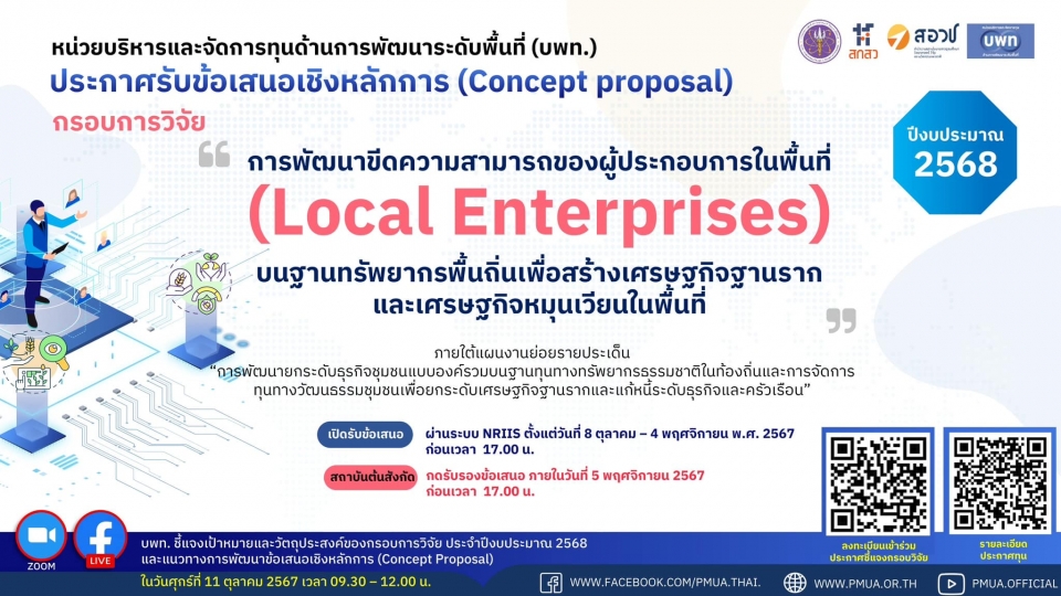 ประกาศรับข้อเสนอเชิงหลักการ (Concept Proposal) ของกรอบการวิจัย (Local Enterprises) ประจำปีงบประมาณ 2568